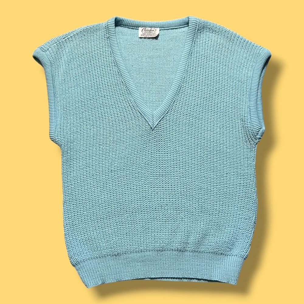 Vintage 80s Sweater Vest Baby Blue Acrylic Knit Vneck Pullover Womens S/M